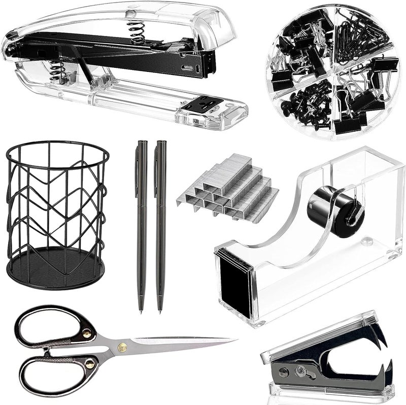 Famassi Office Desk Accessories，Office Supplies Set Acrylic Stapler Set Staple Remover, Tape Holder, Pen Holder, 2 Ballpoint Pen, Scissor, Binder Clips, Paper Clips and 1000pcs Staples(Black) - Image 1